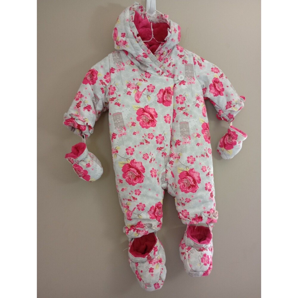 Bambino Piccolo Floral Snow Suit Detachable Mittens and Booties Size 3-6 M